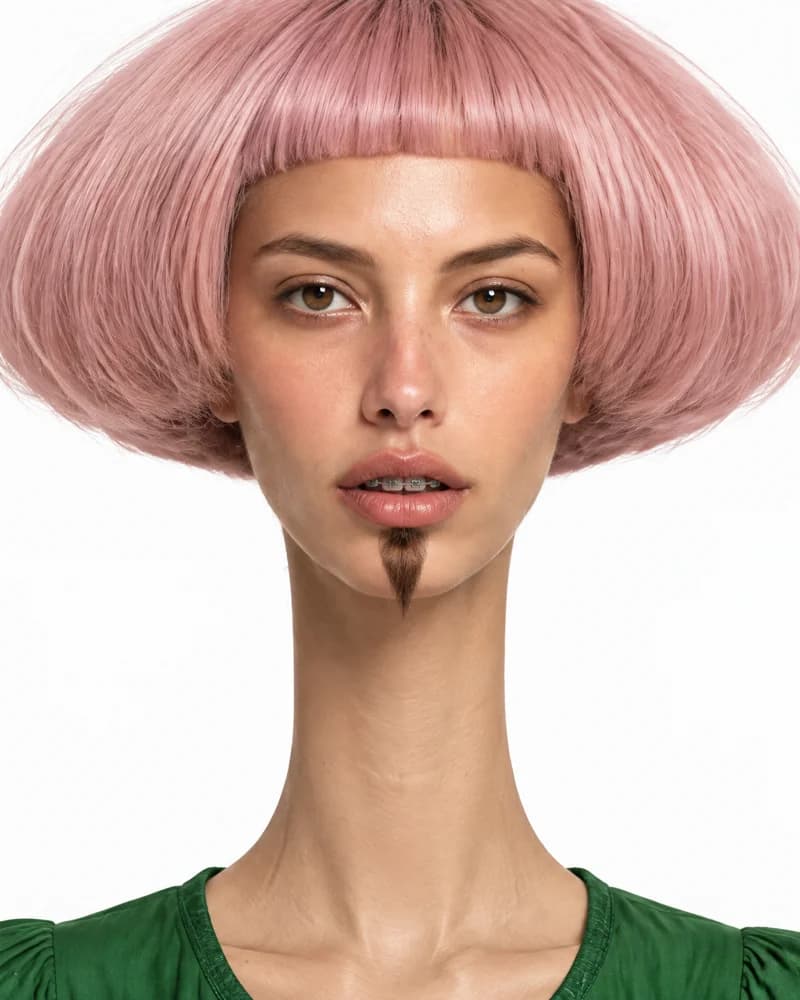 Gina with her pink geometric bob, braces, narrow chin strip and green dress.